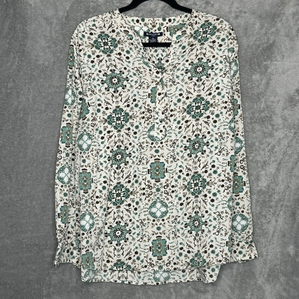 Architect 2X Top Shirt Ivory Paisley Long Sleeve Henley V Neck Lightweight